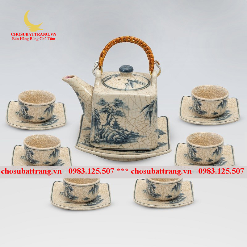 Bộ ấm chén vuông sơn thuỷ men rạn cổ - cổ kính sang trọng