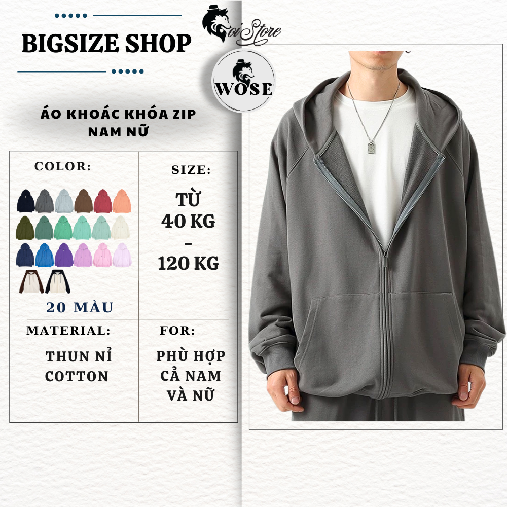 [HCM]Áo khoác dây kéo nam nữ 40-100kg bigsize unisex