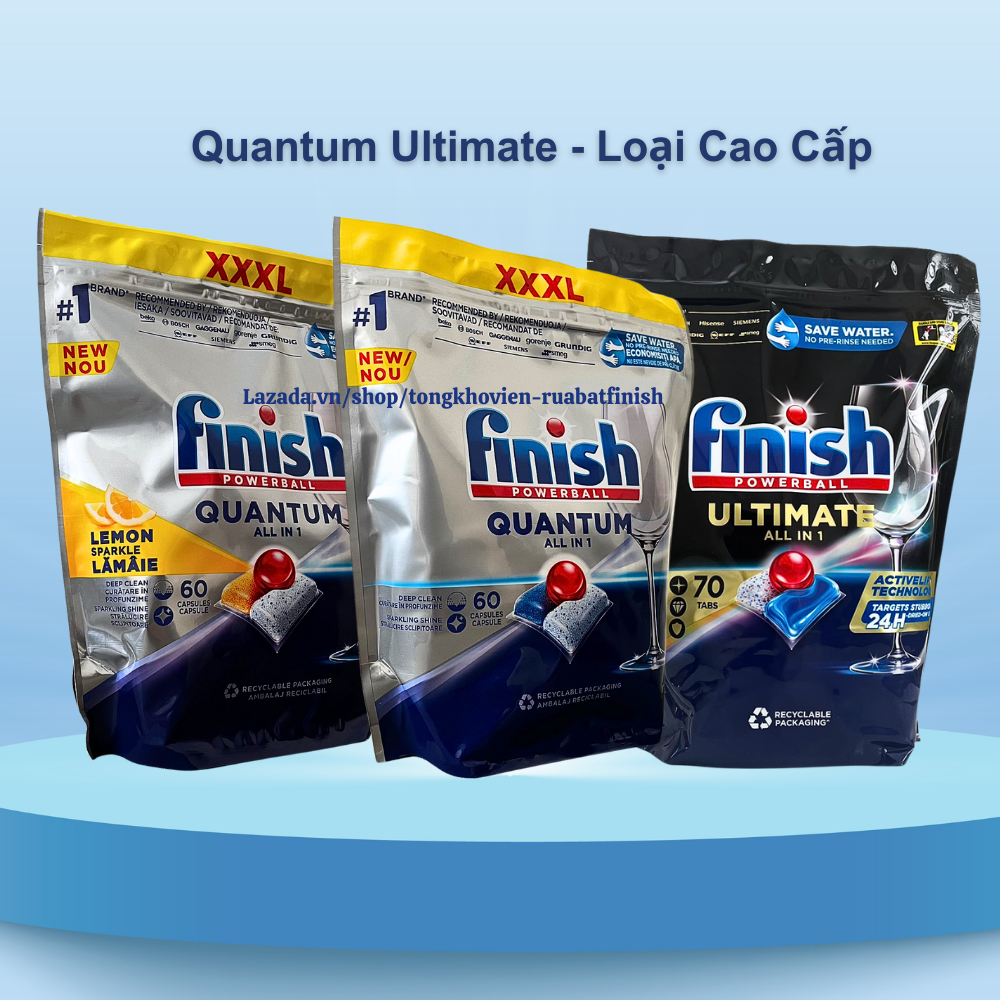 Viên rửa bát Finish Quantum Max Ultimate plus 60v 50v 70v muối bóng finish dùng cho máy rửa bát
