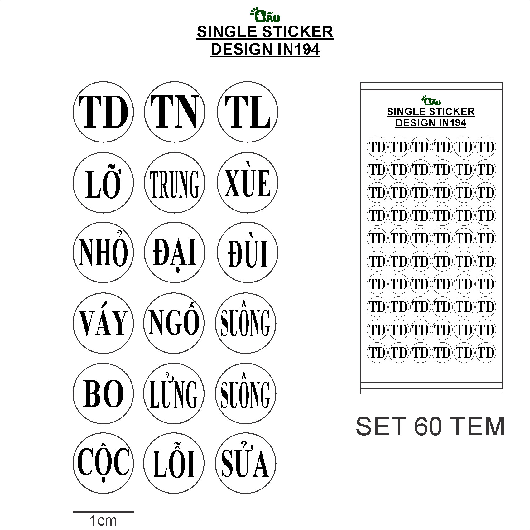 Set 60 miếng tem dán chữ td- tn - tl - dài-ngắn-đại -trung -ngố -suông in194 chất liệu decal đế xanh cao cấp ,kt 1cm