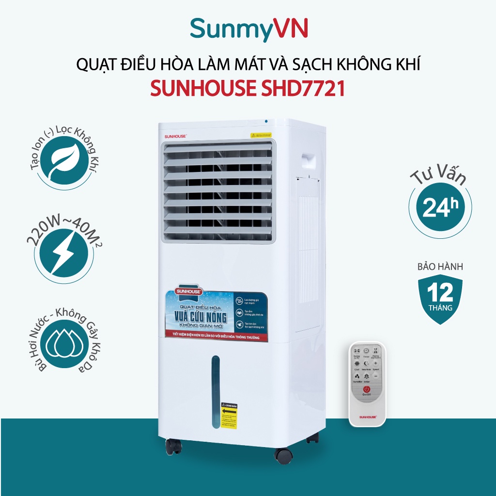 Quạt điều hòa hơi nước Sunhouse SHD7721 HÀNG TRƯNG BÀY 98-99%, Phạm vi làm mát Phòng 30 - 40m², Công suất 220W, Bình nước 30 lít,Tạo ion