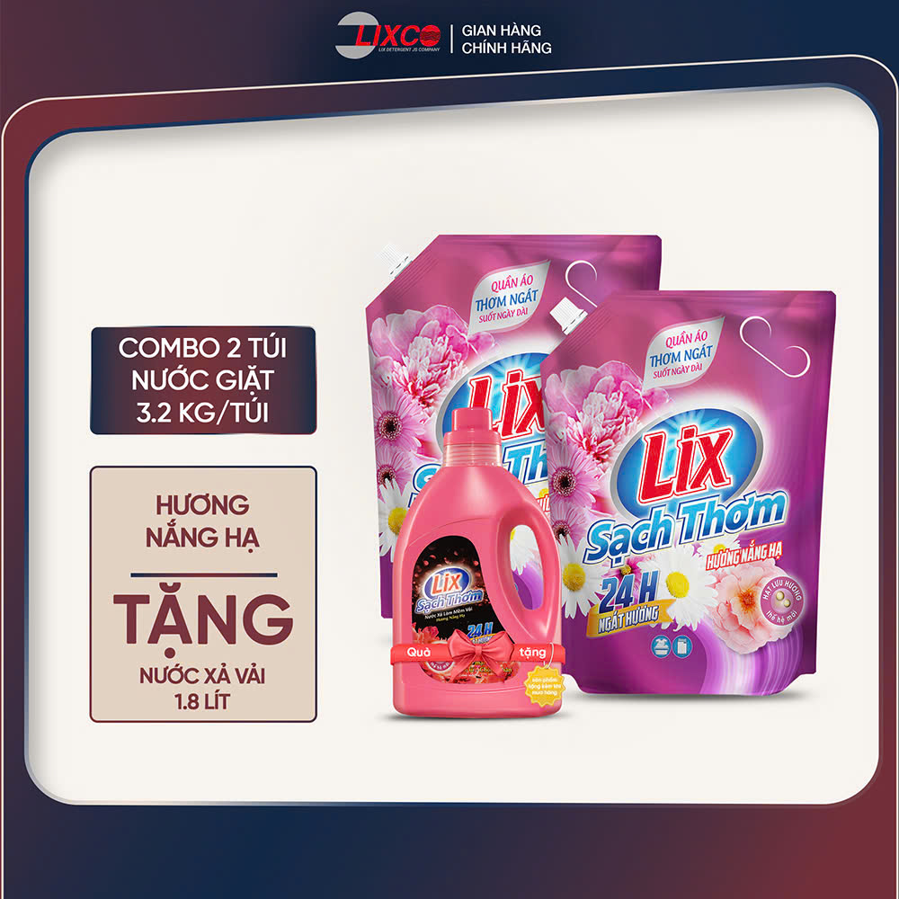 Combo 2 túi nước giặt Lix sạch thơm các hương tặng 1 chai nước xả vải 1.8L - Lixco Việt Nam