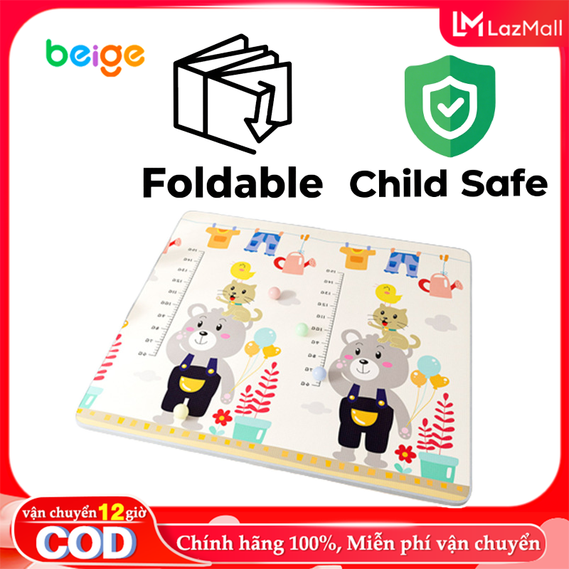 Thảm Xốp Cho Bé Beige Chống Nước, Thảm Cuộn Phủ PE 2 Mặt Họa Tiết Dày Cho Bé Tập Bò Tập Đi