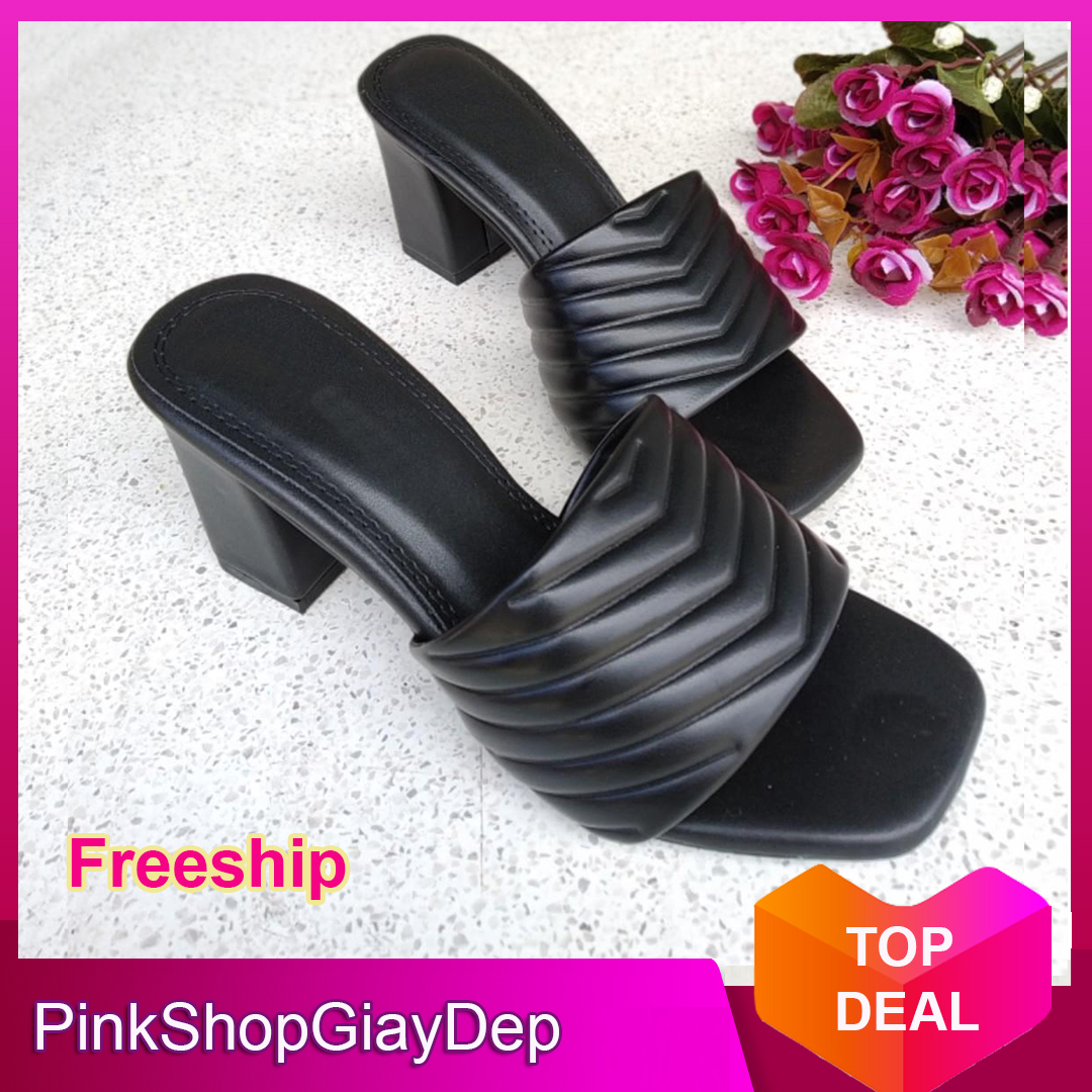 (Miễn ship) Guốc dép cao gót da cao cấp PinkShopGiayDep quai ngang lượn sóng siêu xinh