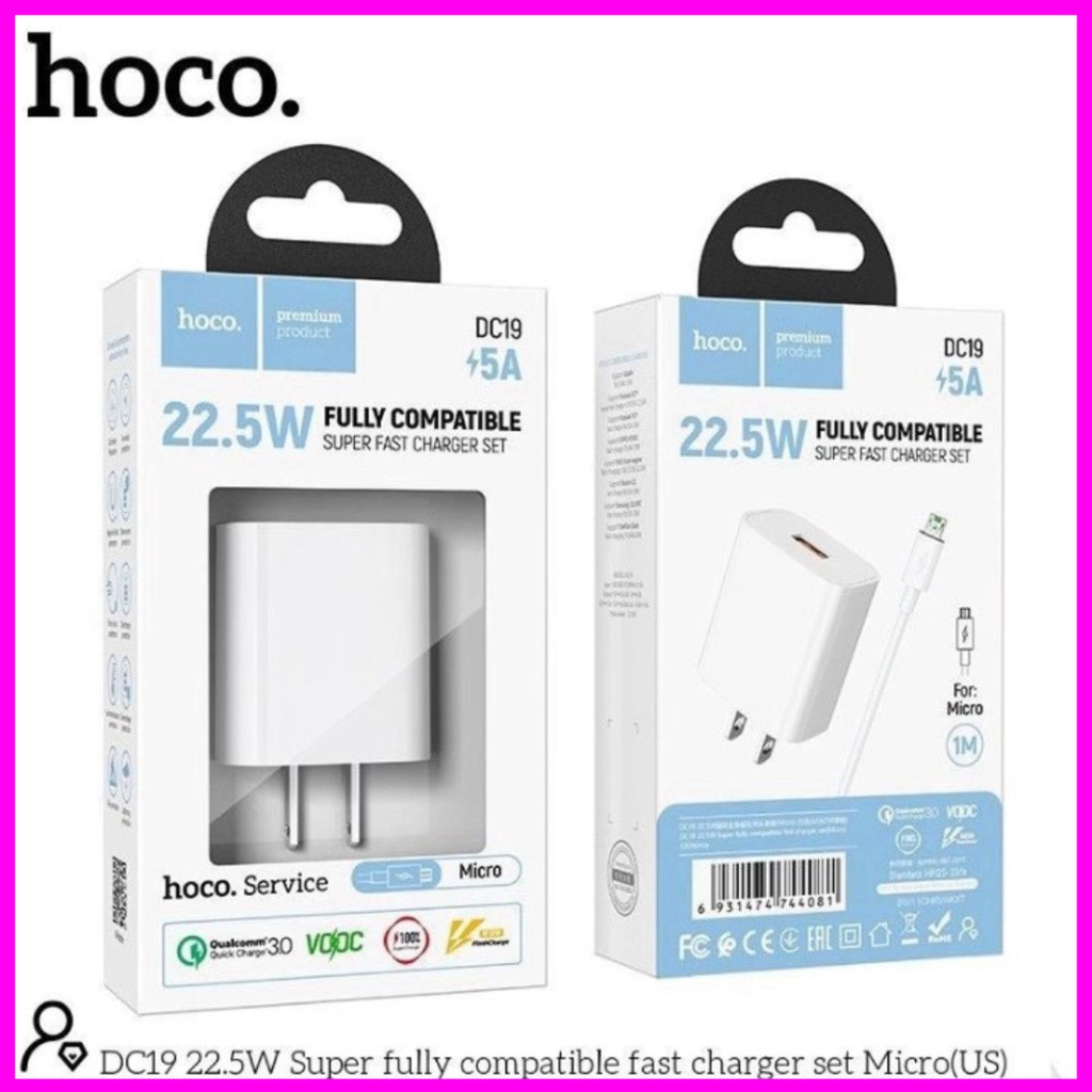 Bộ sạc nhanh hoco dc19 chân micro/lightning/type-c. sạc nhanh 5a/22.5w, quick charge 3.0, hỗ trợ sạc vooc