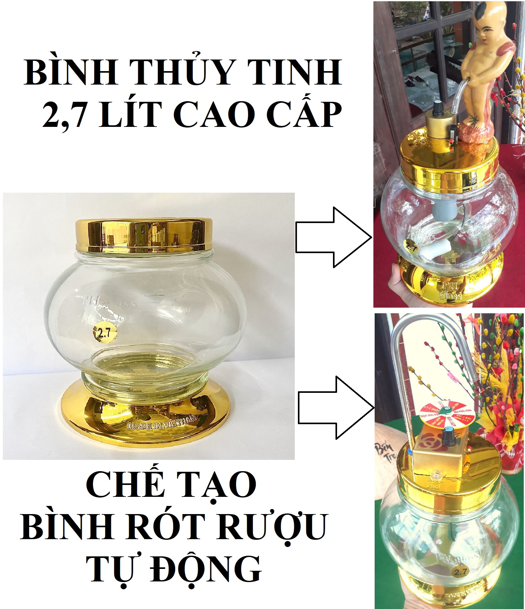Bình Thủy tinh 2,7L Cao cấp dùng chế tạo Máy Rót Ruợu tự động - Hàng Việt Nam chất lượng cao. Bình dùng chế máy rót ruợu tự động
