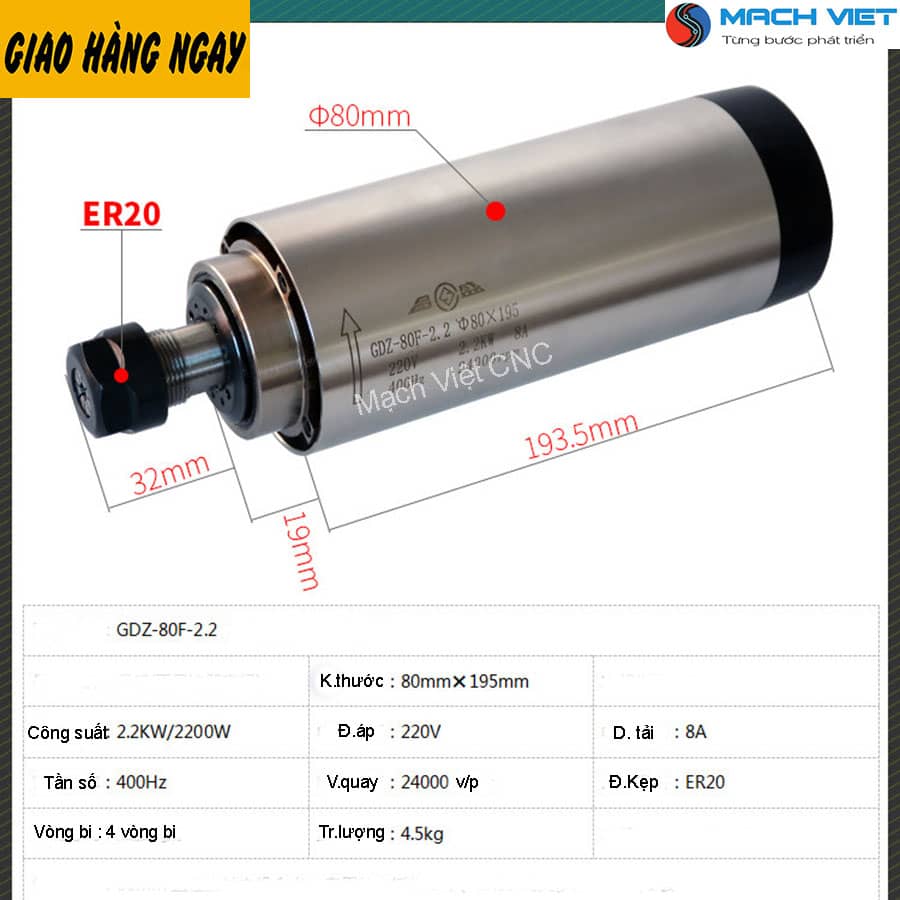 Củ đục vi tính, Spindle 2.2kW tròn tản nhiệt gió ER20