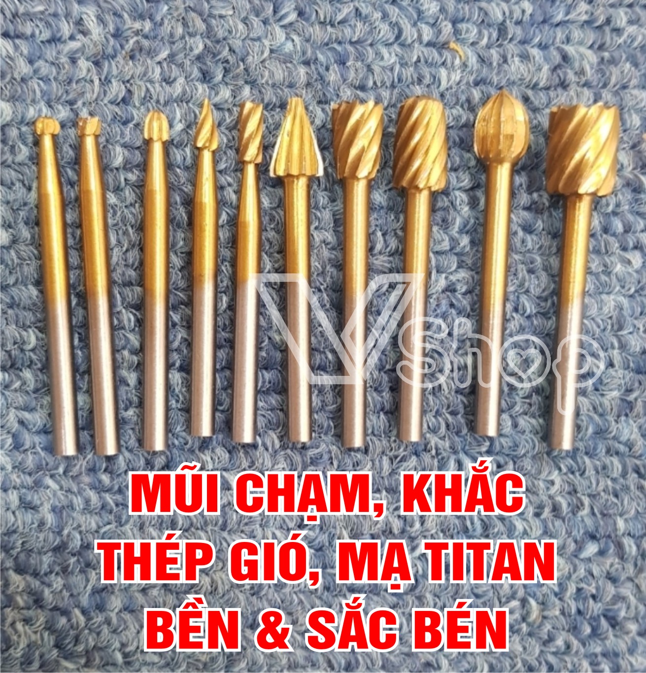 Mũi chạm, điêu khắc, chế tác. Chất liệu thép gió, mạ titan. Bộ: 10 mũi
