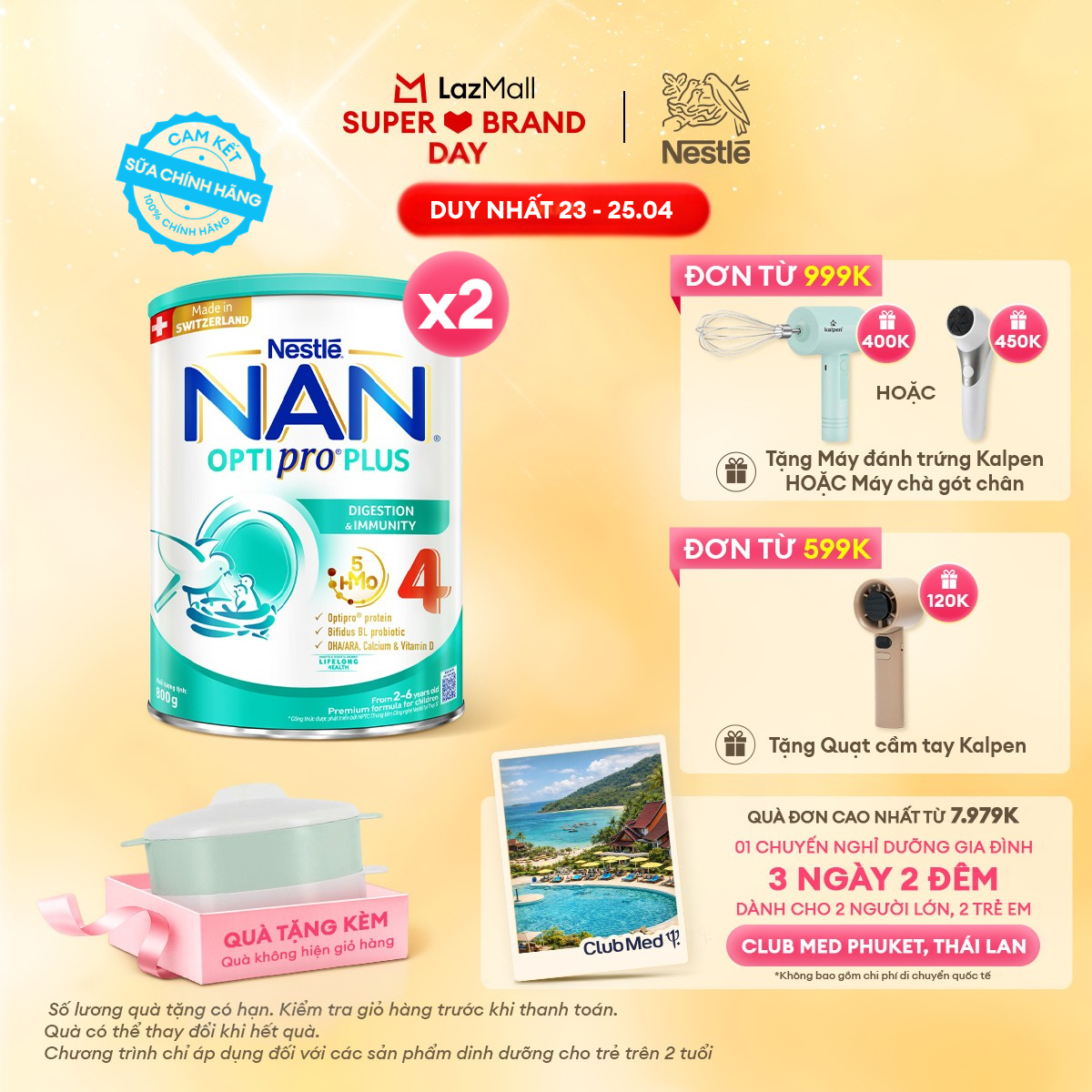 [CHỈ 23 - 25.04 QT Đơn 599K/999K] [Tặng Bộ xửng hấp] Bộ 2 Lon Sữa bột Nestlé NAN OPTIPRO PLUS 4 với 5HMO xuất xứ Thụy Sĩ  - Hộp 800g cho bé từ 2 - 6 tuổi - Sữa công thức dinh dưỡng cho trẻ giúp hỗ trợ tiêu hóa, đề kháng, trí não và phát triển toàn diện