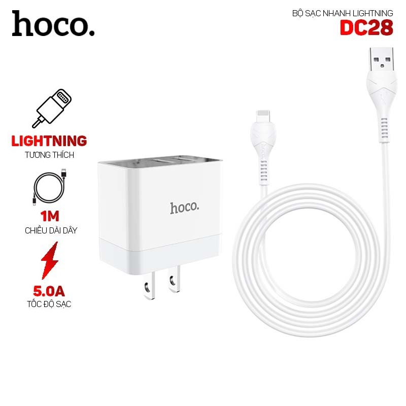 Combo Cốc sạc nhanh Hoco DC28 màn hình led 2 cổng USB cáp Lightning 1m Dành cho thiết bị Iphone Ipad
