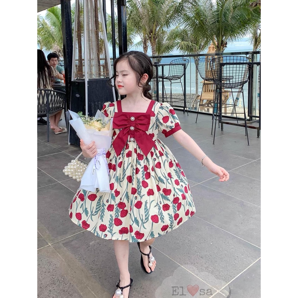 Váy hoa đỏ tylip nơ ngực siêu xinh cho bé gái 8-25kg