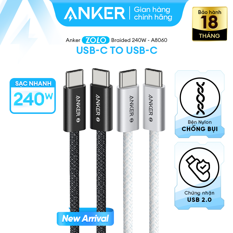 Cáp sạc nhanh ANKER Zolo USB-C to USB-C công suất cao 240W - Chất liệu nylon dù hạn chế bám bẩn đứt gãy - A8060