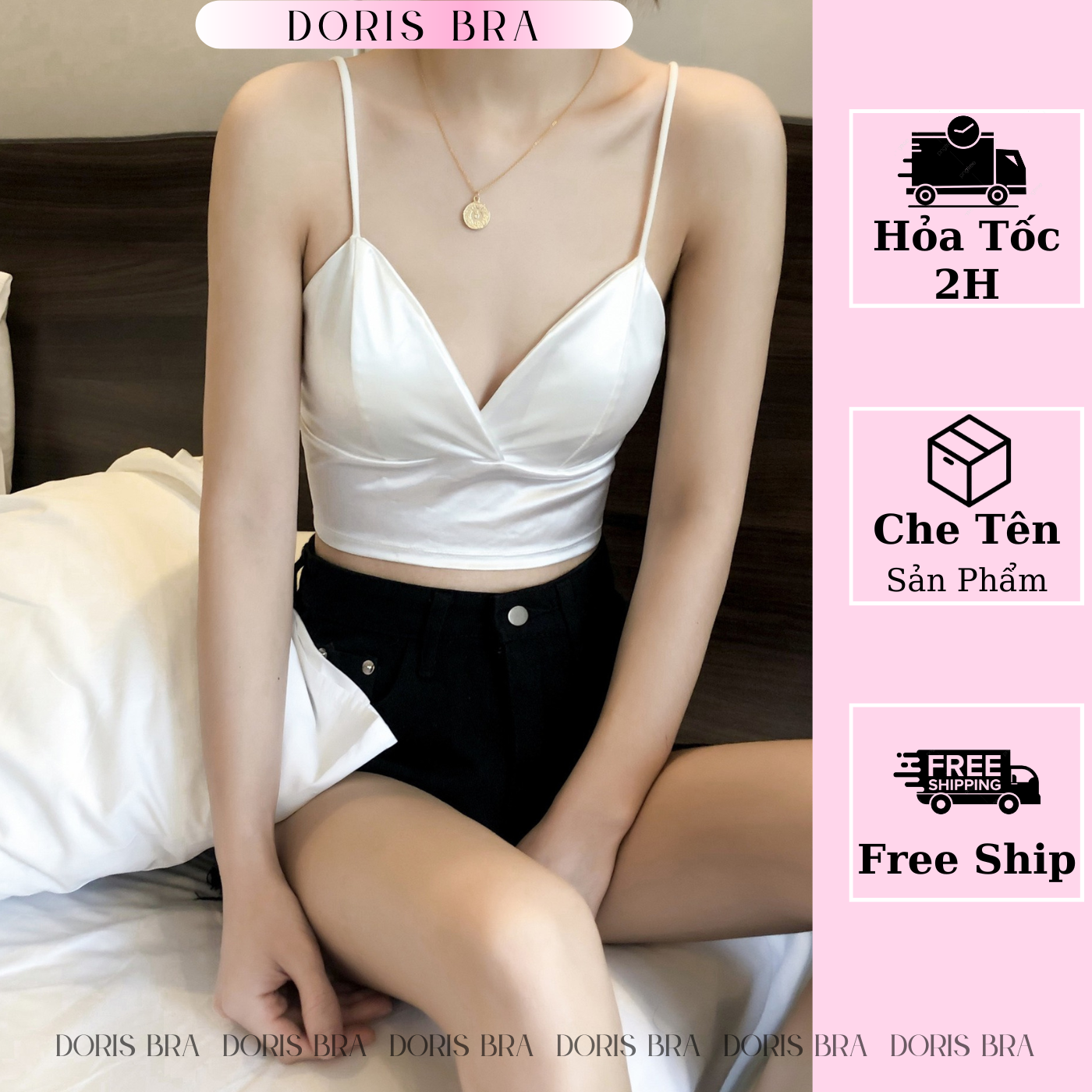 Áo lót nữ, áo bra crop top 2 dây satin 8 nấc cài đệm mỏng co giãn 4 chiều lụa siêu nhẹ sexy - Doris fashion