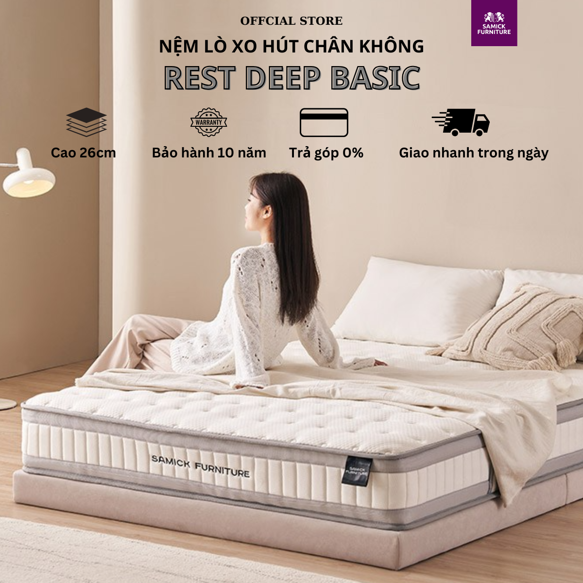 [Trả góp 0%] Nệm LÒ XO TÚI HÚT CHÂN KHÔNG cao cấp SAMICK HIGHEND EUROTOP Hàn Quốc - Bảo vệ cột sống