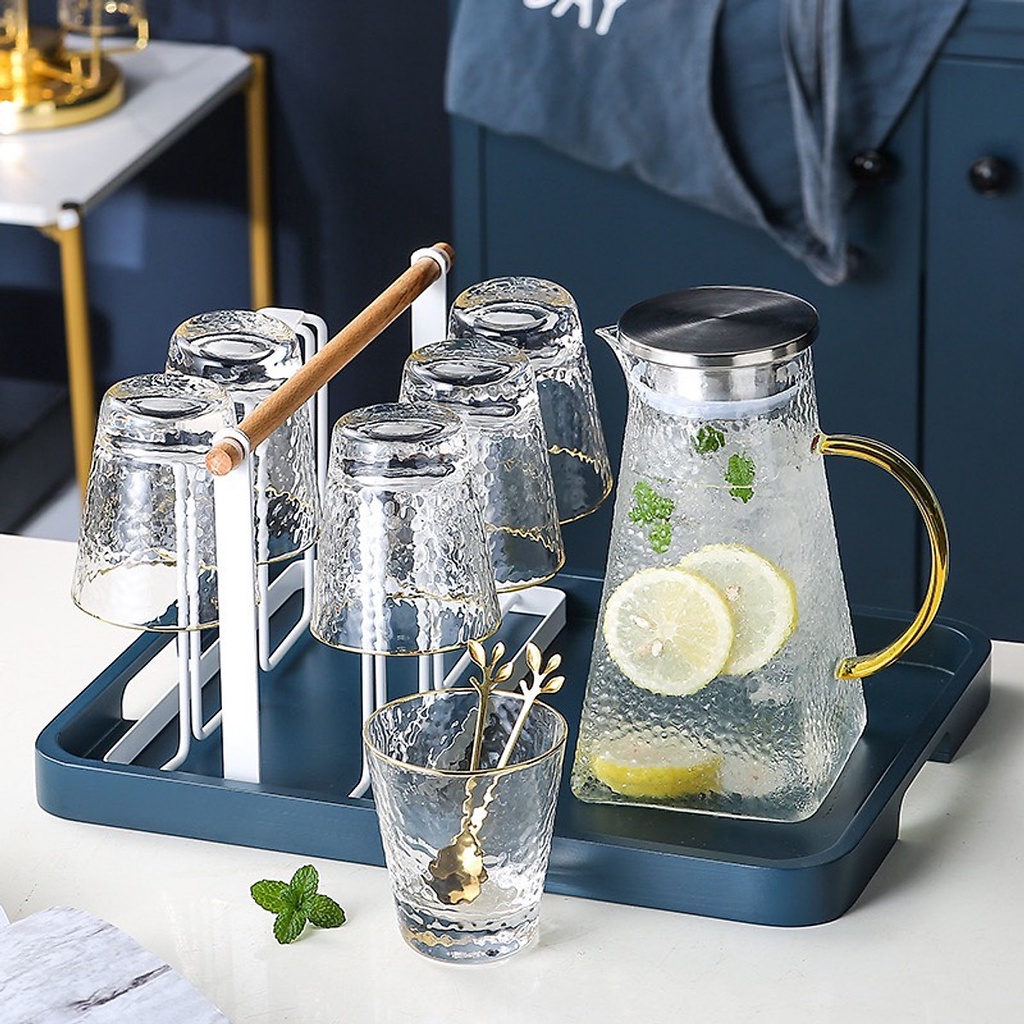 Set bình đựng nước uống thủy tinh kèm 6 cốc khay và giá úp cốc