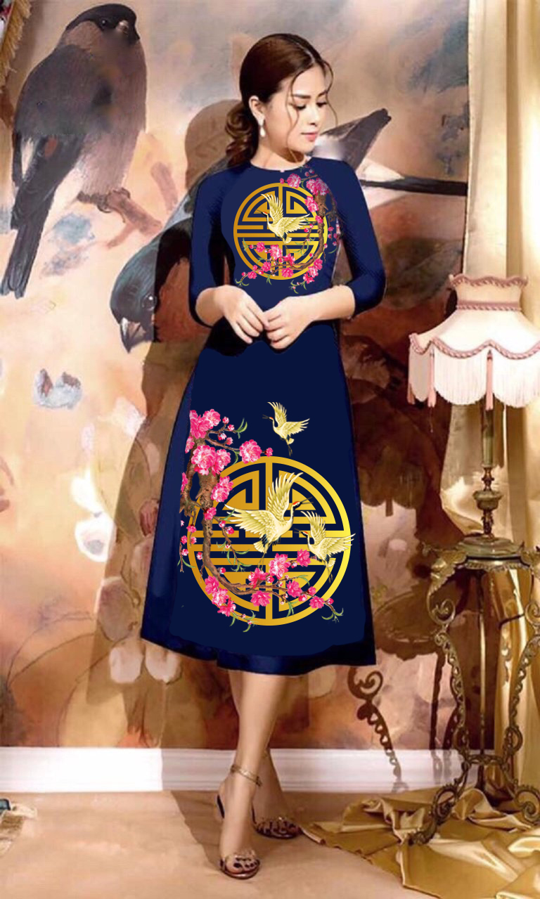 Áo dài cách tân in trống đồng cao cấp - không kèm váy