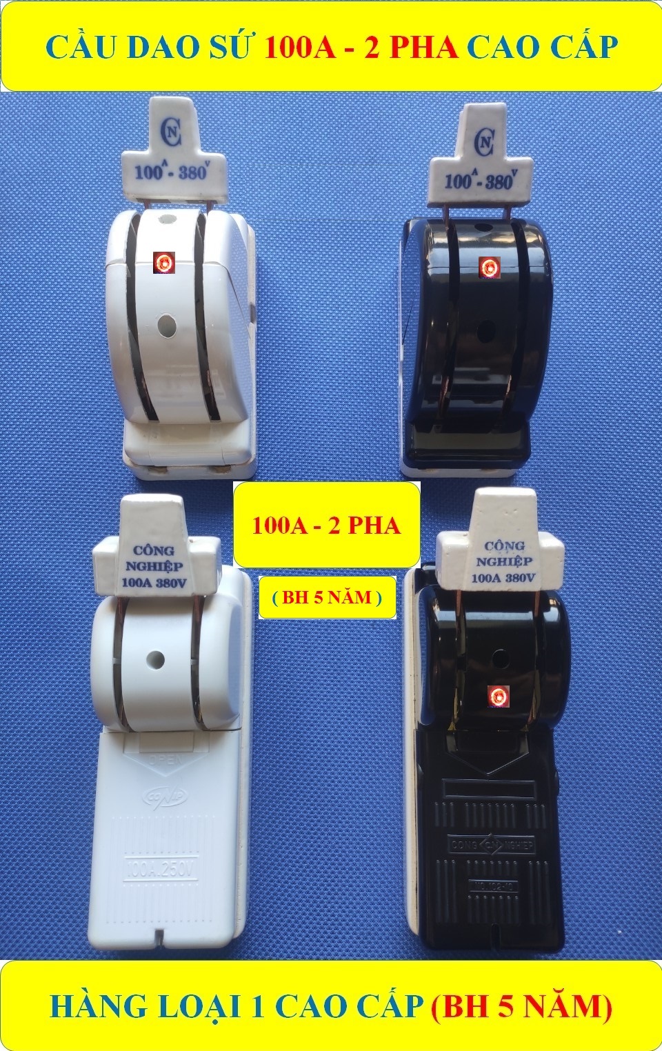 CẦU DAO SỨ 100A 2 PHA, ĐẢO 2 CHIỀU (BH 5 NĂM) VỎ ĐEN PHENOLIC CHỐNG CHÁY + Cực ĐỒNG TO đúc 100% HÀNG LOẠI 1 Cao Cấp (bộ 1 sản phẩm)