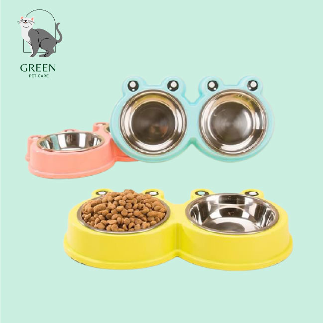 Bát đôi đựng thức ăn cho chó/mèo hình ếch - Bát Inox tách rời tiện lợi