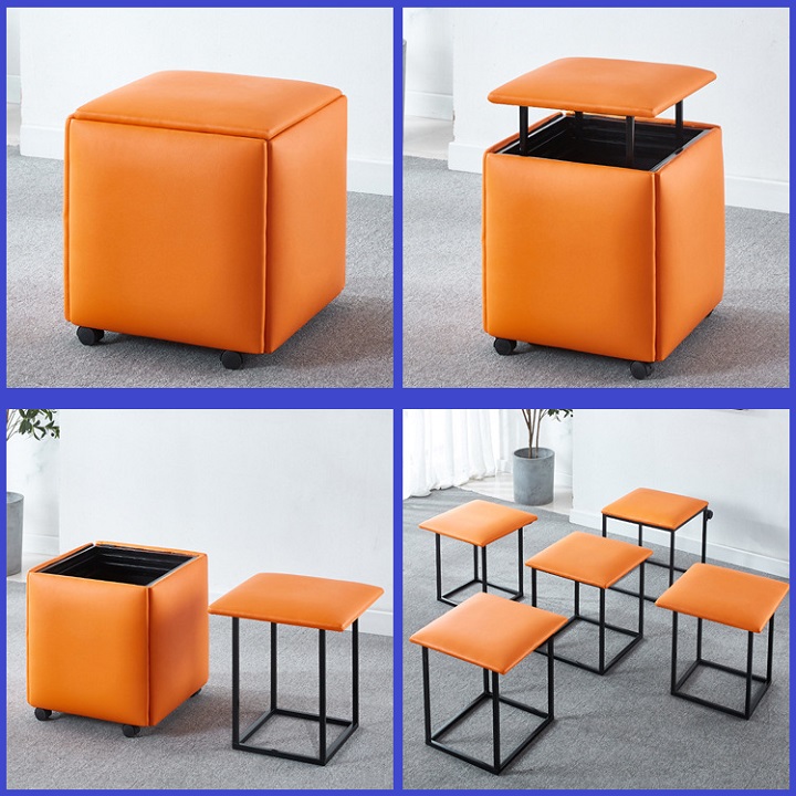 [Có Video] Combo 5 Ghế Đôn 45x45x46cm, Ghế Đôn Gấp Gọn Cao Cấp - Ghế Khối Rubik, Combo 5 Ghế Đôn Sofa Bọc Da Gấp Gọn Thiết Kế Mới