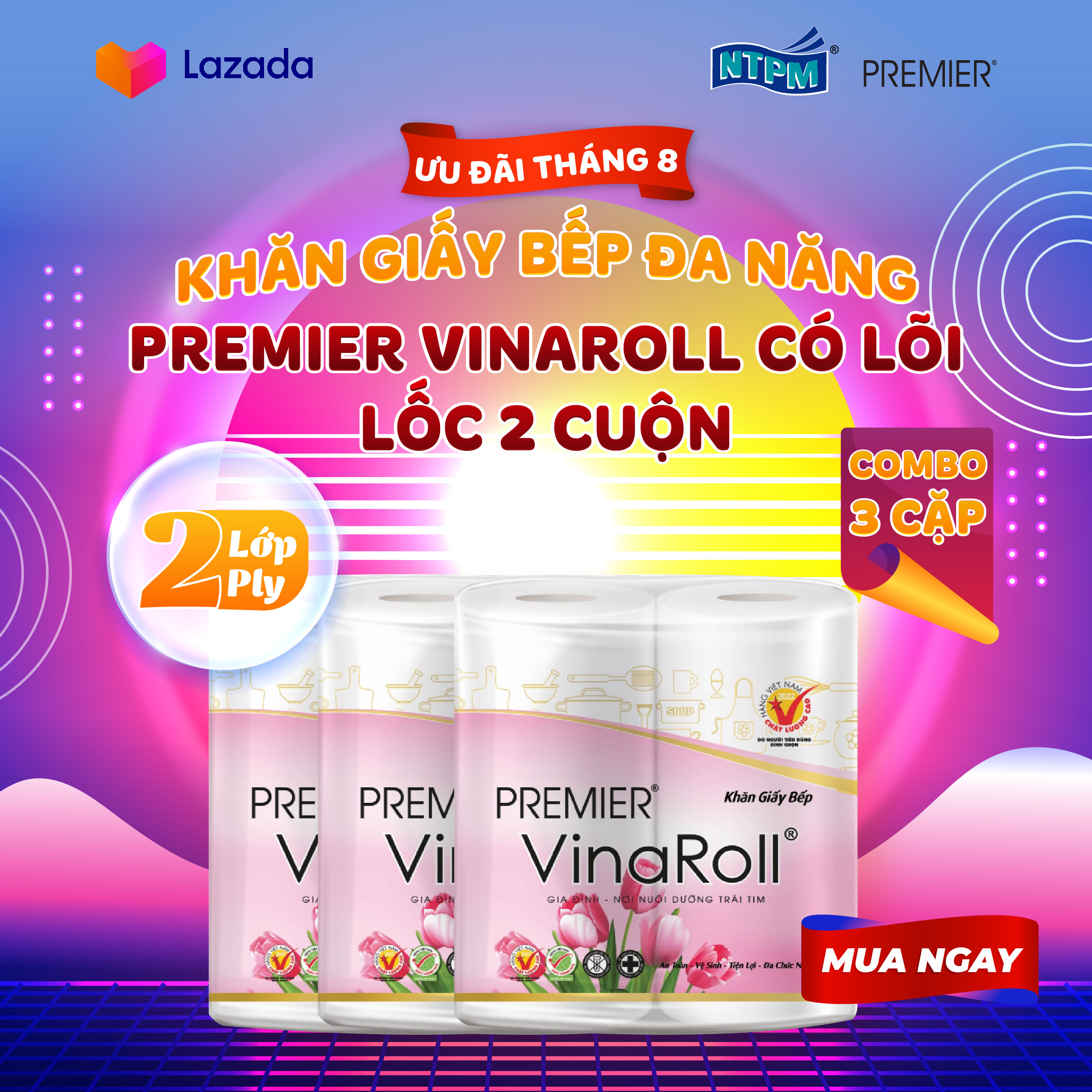 [COMBO 3 LỐC] Khăn giấy bếp đa năng Premier VinaRoll có lõi, 2 lớp 100% bột giấy nguyên sinh, không chất tẩy lốc 2 cuộn