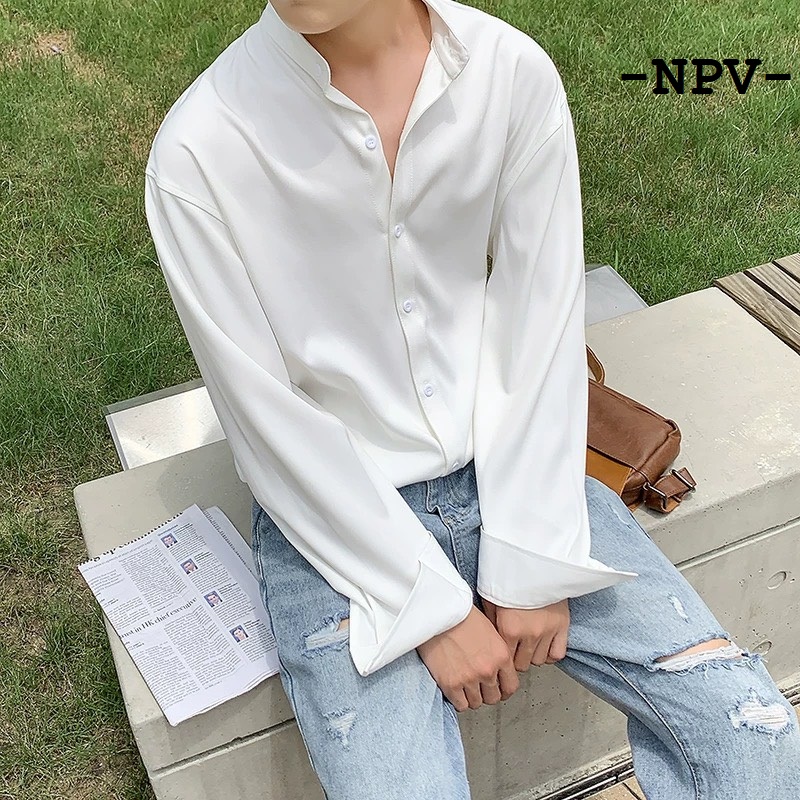 Áo sơ mi lụa dài tay NPV cao cấp, sơ mi nam cổ tàu dáng ôm body năng động 2 màu cơ bản