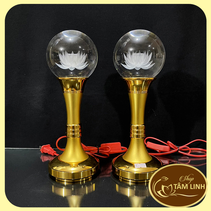 Cặp 2 đèn cầu hoa sen pha lê thân hợp kim - có nhiều chế độ đổi màu để bàn thờ.