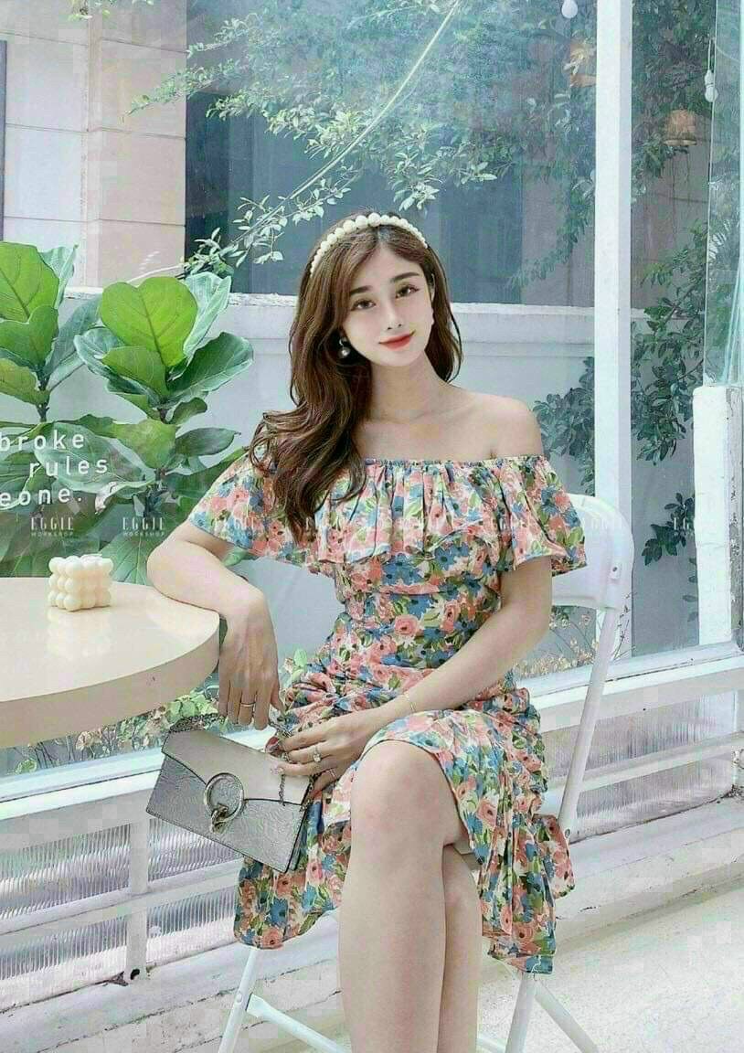 Đầm lụa hoa trễ vai dạ hội dự tiệc cao cấp lên dáng sang chảnh