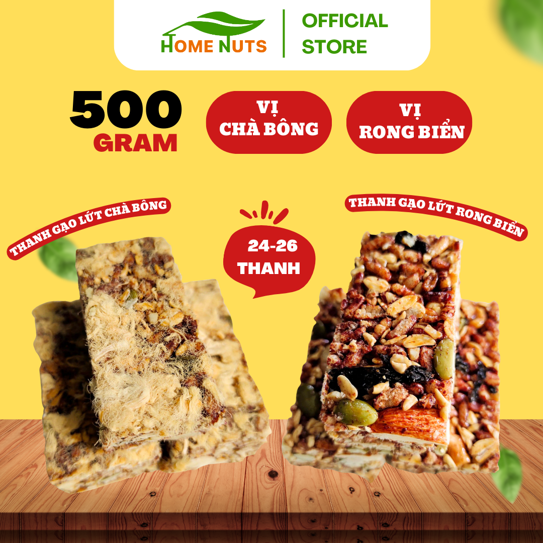 500GRAM thanh gạo chà bông/rong biển giảm cân Home Nuts,ăn vặt dinh dưỡng mix hạt điều, hạt hạnh nhân, bí xanh không chiên qua dầu, không chất bảo quản (24-26 thanh)