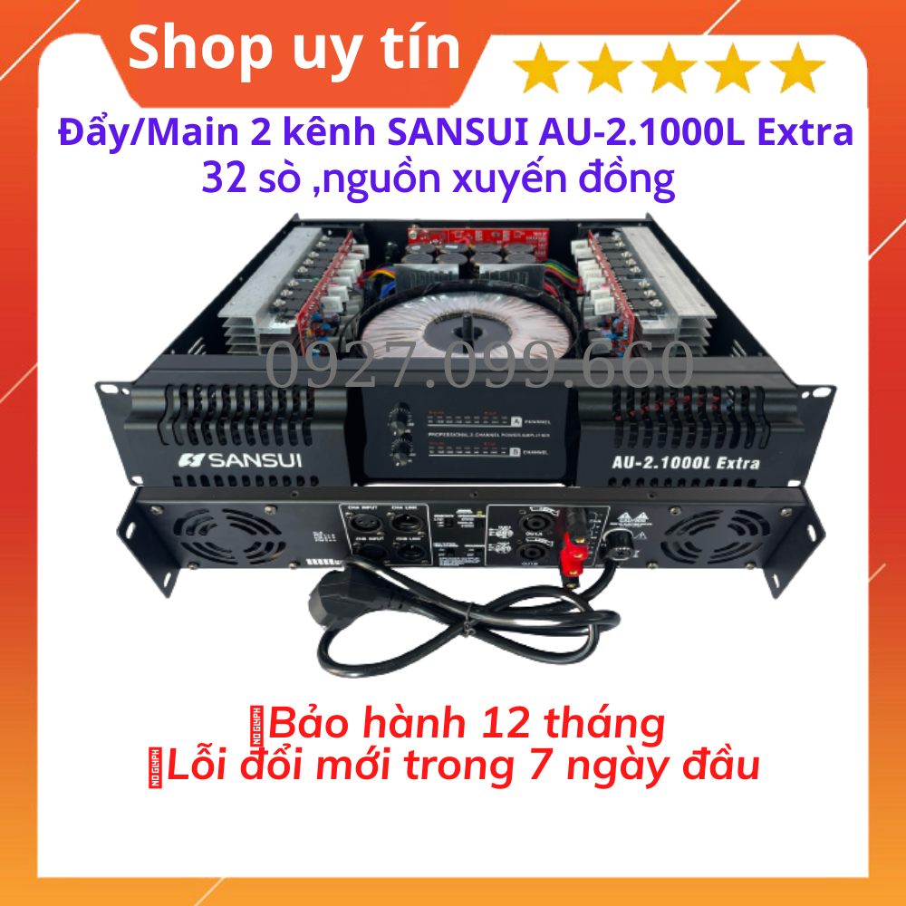 Cục đẩy công suất 2 kênh sansui au- 2.1000l extra 2x800w/kênh - 32 sò dùng cho gia đình, nhập khẩu, nguồn xuyến đồng.
