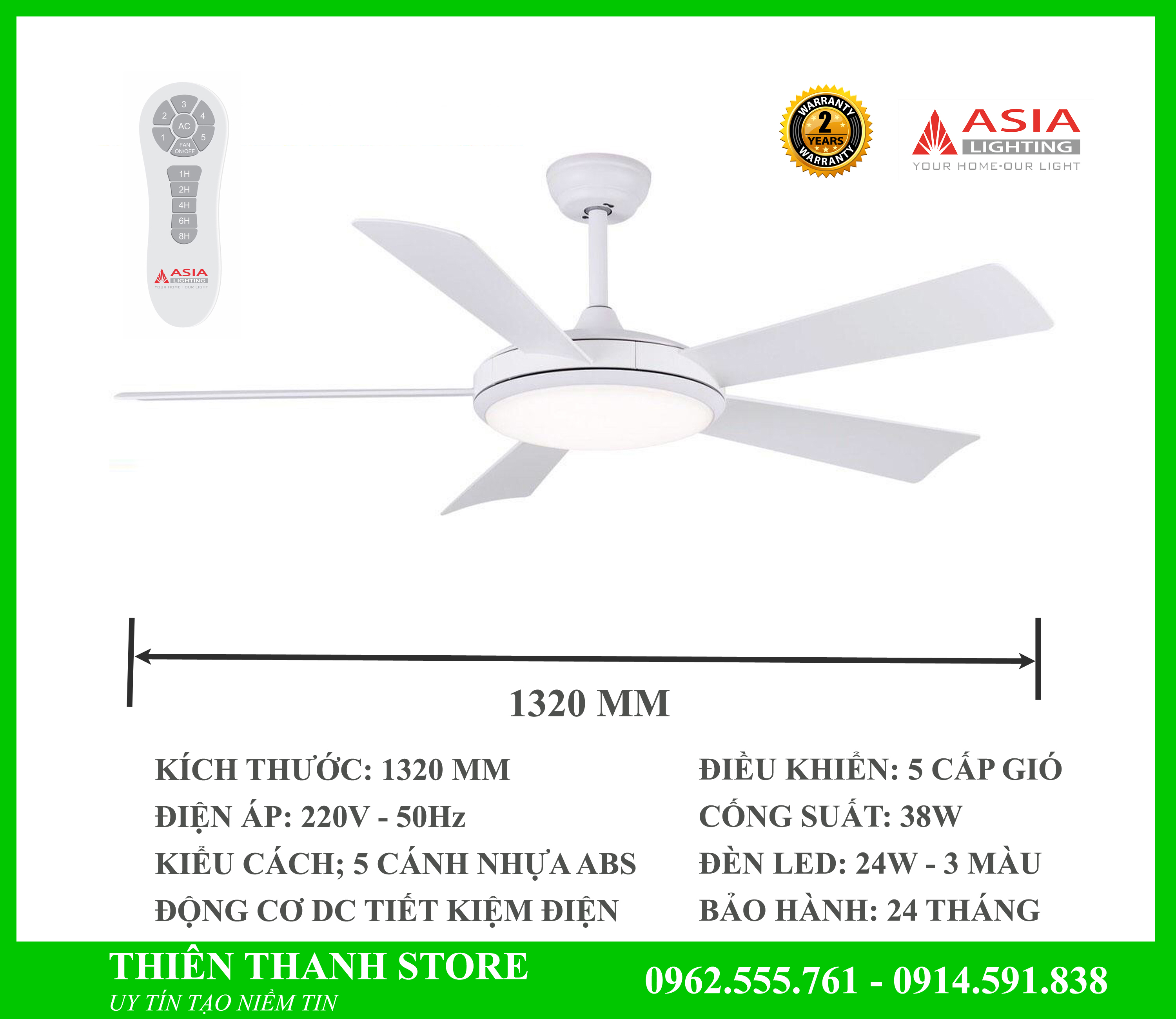 [Bảo hành 2 năm] Quạt trần đèn 5 cánh Asia Lighting QT01 chính hãng