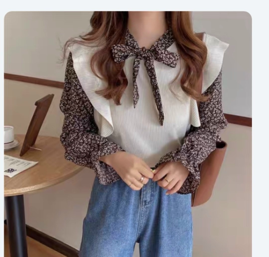 Áo thun gân phối hoa tay dài cột nơ bánh bèo TTSLA0388