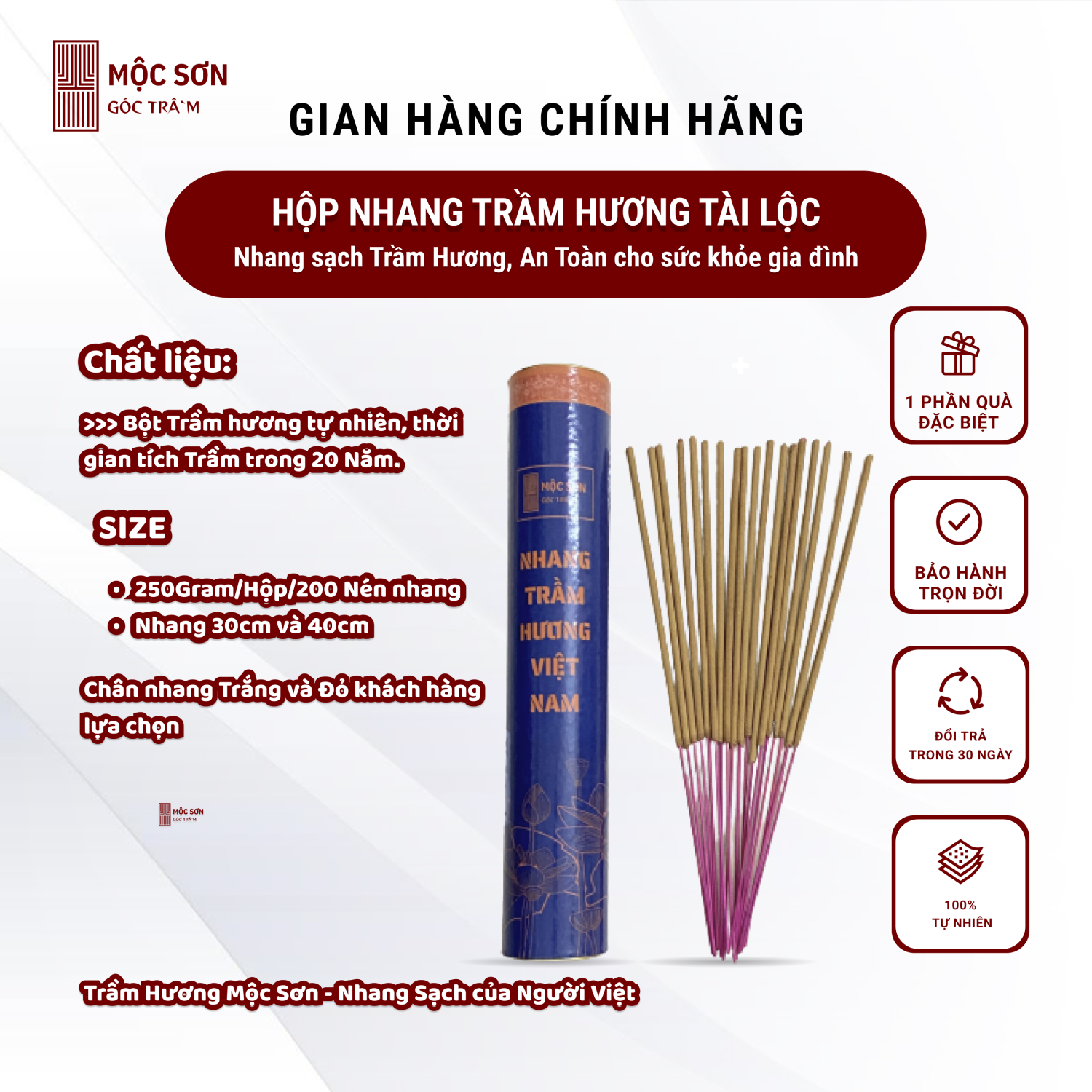 Hộp nhang trầm hương cao cấp 30cm 3 tấc thương hiệu trầm hương mộc sơn,thư giãn, an toàn