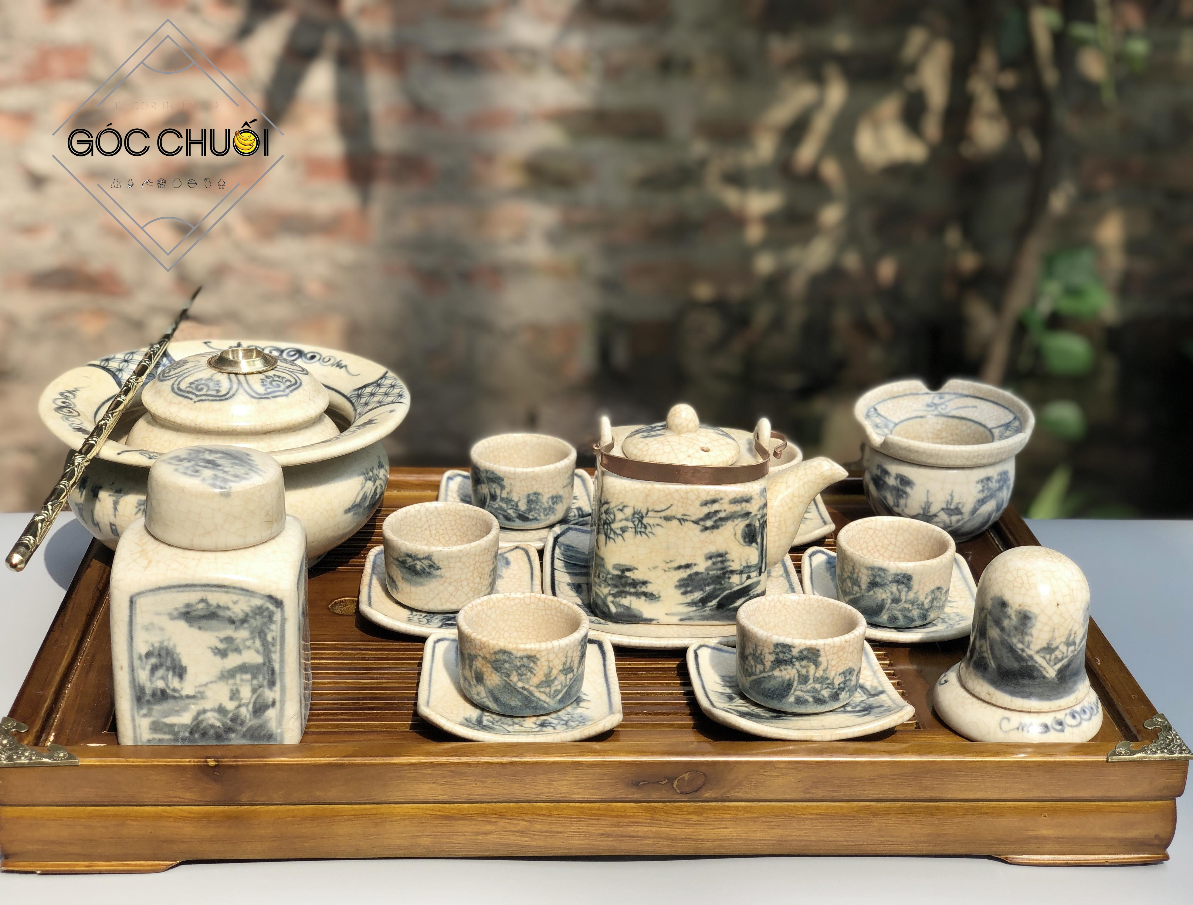 Bộ ấm và tách trà vuông giả cổ men rạn Gốm Bát Tràng (1 ấm, 6 chén, 7 đĩa kê)