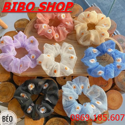 Cột tóc scrunchies vải lưới in hoa cúc cho nữ - dây buộc tóc nữ vải lưới thời trang