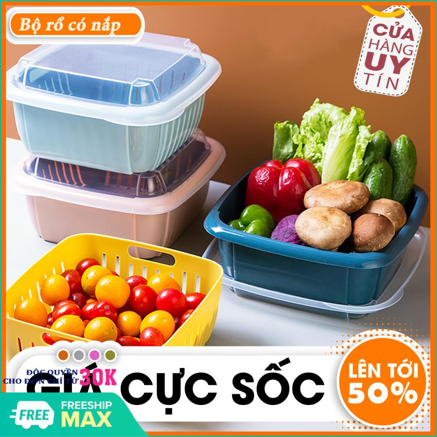Rổ nhựa - Rổ nhựa kèm chậu - Bộ 3 chậu kèm rổ - Set 3 chậu kèm rổ - Bộ rổ nhựa kèm chậu có nắp đậy, bộ rổ nhà bếp, rổ nhựa, chậu nhựa- Chất liệu nhựa PP cao cấp
