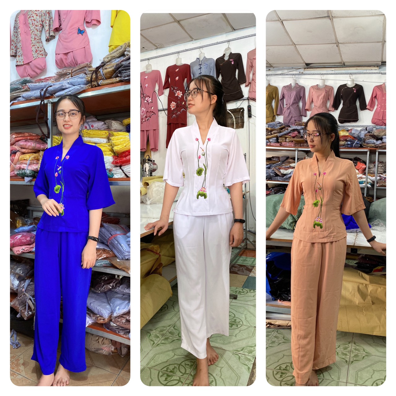 Đồ lam nữ đồ đi chùa đồ thời trang nữ chất liệu vải lụa ngọc cao cấp