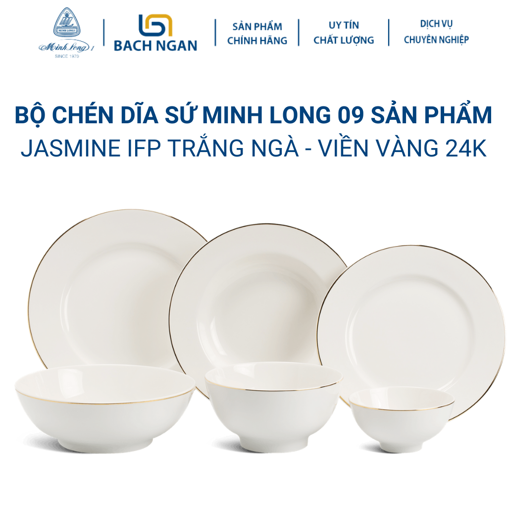 Bộ chén dĩa sứ Minh Long 9 sản phẩm Jas IFP Chỉ Vàng dùng cho gia đình, sứ đẹp cao cấp dùng đãi khách, tặng quà tết - bộ bàn ăn