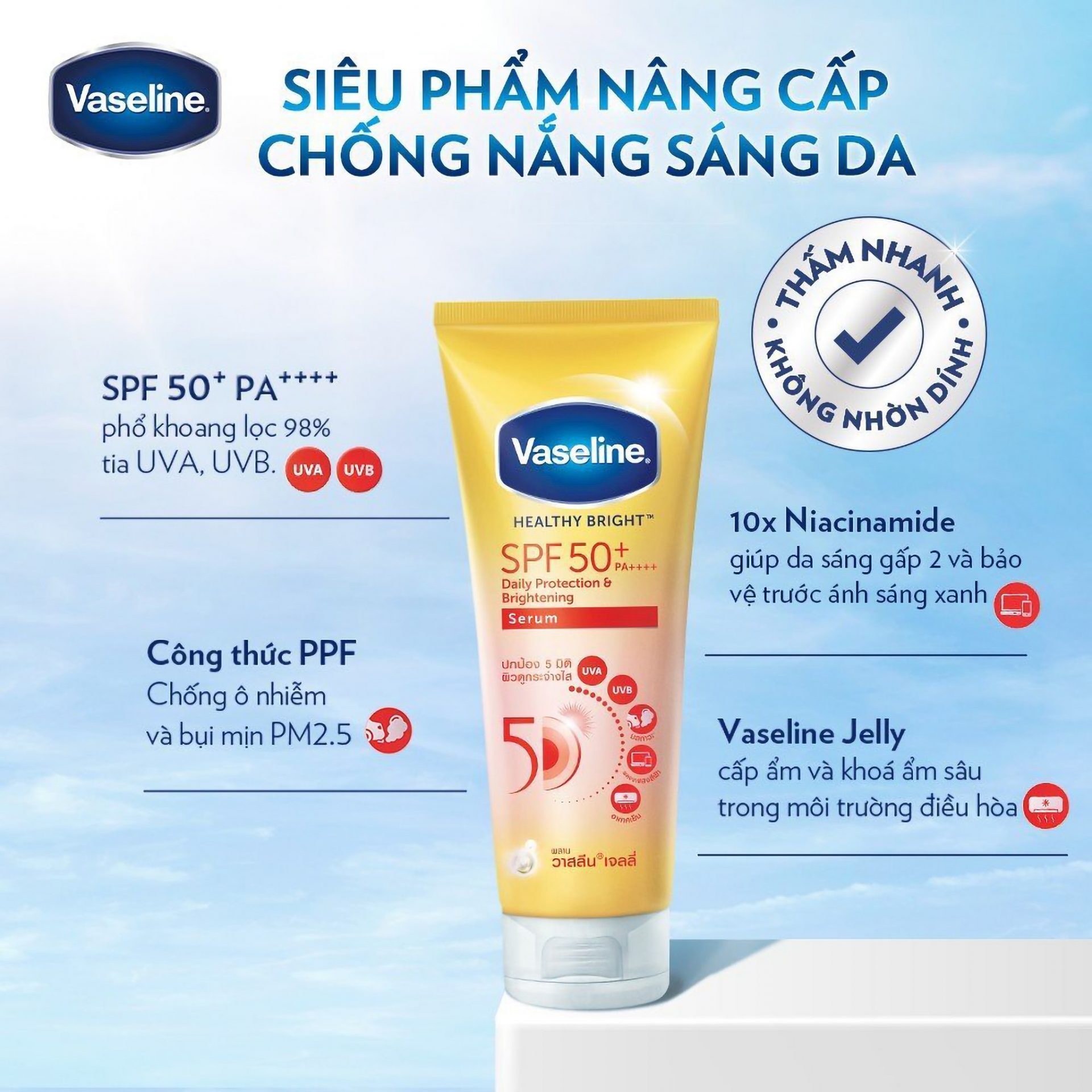 [HCM]Combo Serum trắng da và chống nắng cao cấp 5in1 Vaseline 50x 320ml + hộp Viên kích trắng Alpha Arbutin