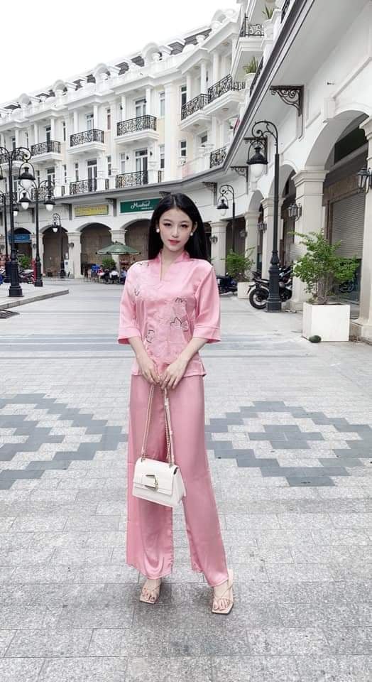 Đồ lam đi chùa hcm nguyên bộ lụa satin cao cấp phối hoa l5
