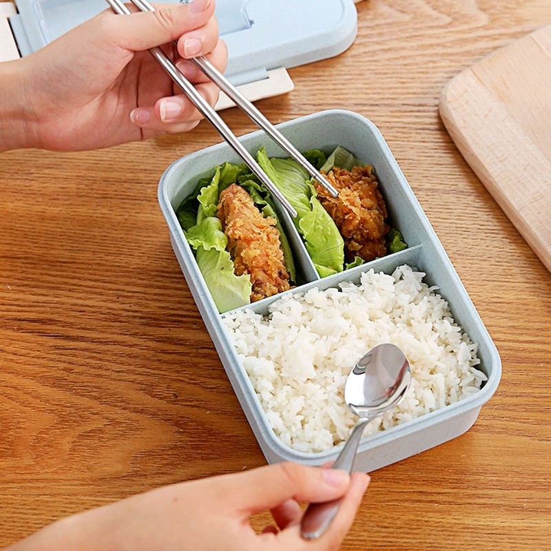 [HCM](SIÊU RẺ) Hộp cơm lúa mạch 3 ngăn tiện dụng chịu nhiệt tới 120 độ C thiết kế nhỏ gọn tiện dụng tặng kèm đũa và thìa