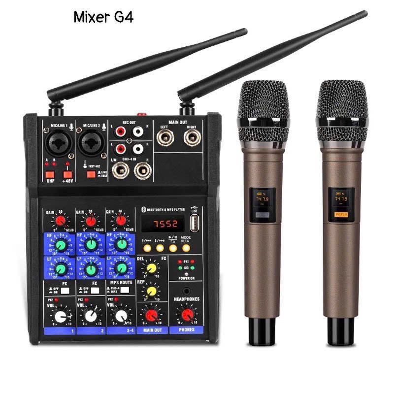 Bộ Mixer Yamaha G4 kèm 2 micro karaoke không dây kết nối với loa Marshall, loa kéo, thu âm, livestre