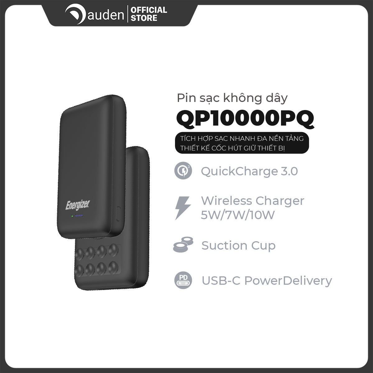 Pin dự phòng Energizer QP10000PQ 10,000mAh, tích hợp sạc nhanh đa nền tảng, sạc không dây, thiết kế cốc hút giữ thiết bị - Dâu Đen Store