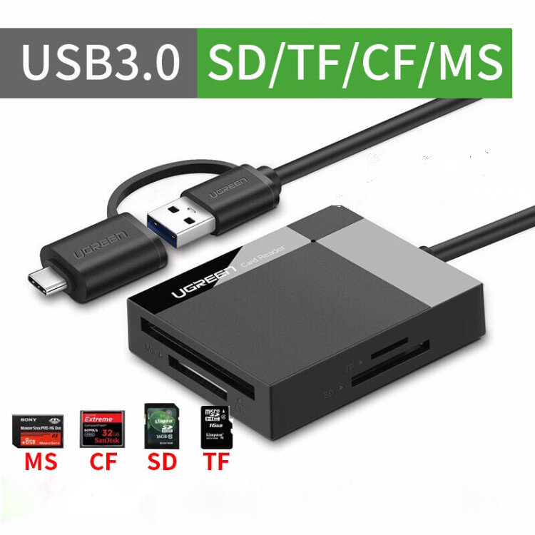 Đầu đọc thẻ hỗ trợ cổng 2 in 1 USB 3.0 / USB type C cho thẻ CF / SD / MS / TF chức năng OTG dài 50cm UGREEN CR125 Đầu đọc thẻ hỗ trợ cổng 2 in 1 USB 3.0 / USB type C cho thẻ CF / SD / MS / TF chức năng OTG dài 50cm UGREEN CR125