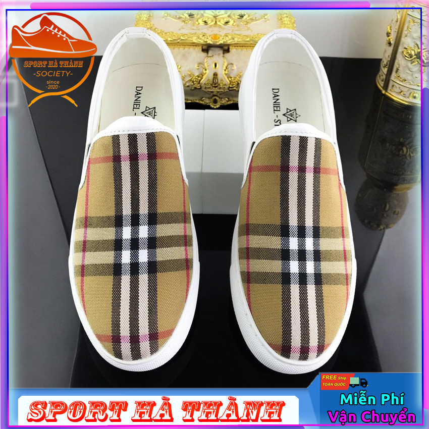 Giày lười da PU nam họa tiết kẻ sọc có 2 màu nâu và ghi - Giày sneaker thời trang Shop SPORT HÀ THÀNH