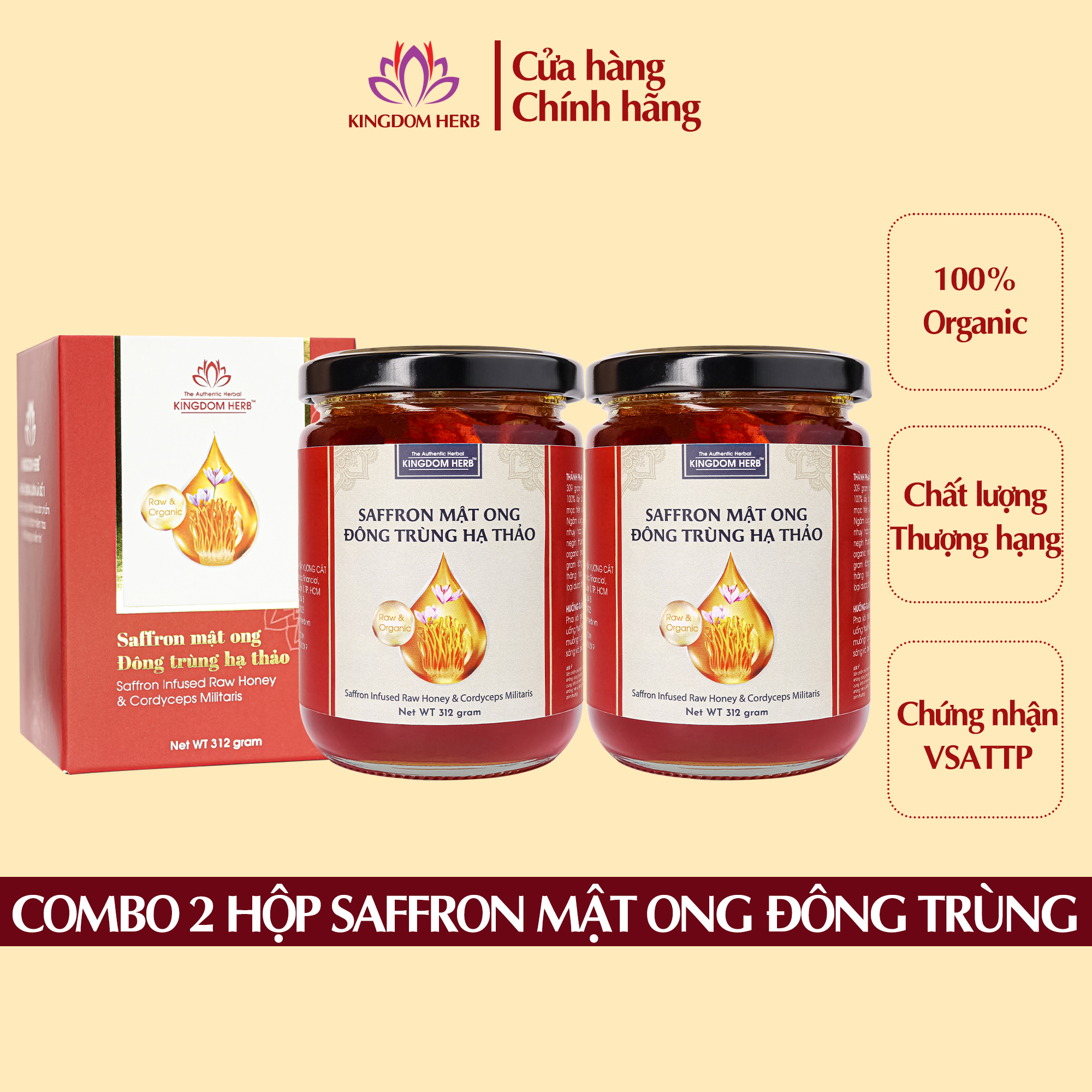 Combo saffron mật ong đông trùng hạ thảo Kingdom Herb 312gr chính hãng 2 hộp (hộp/312gr) KQ