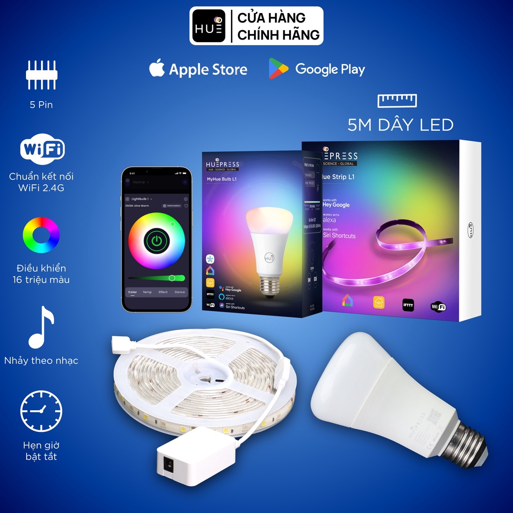 Bộ 2 sản phẩm bóng đèn LED tròn và dây thông minh HuePress Bulb L1 Wifi RGBCW Wifi control