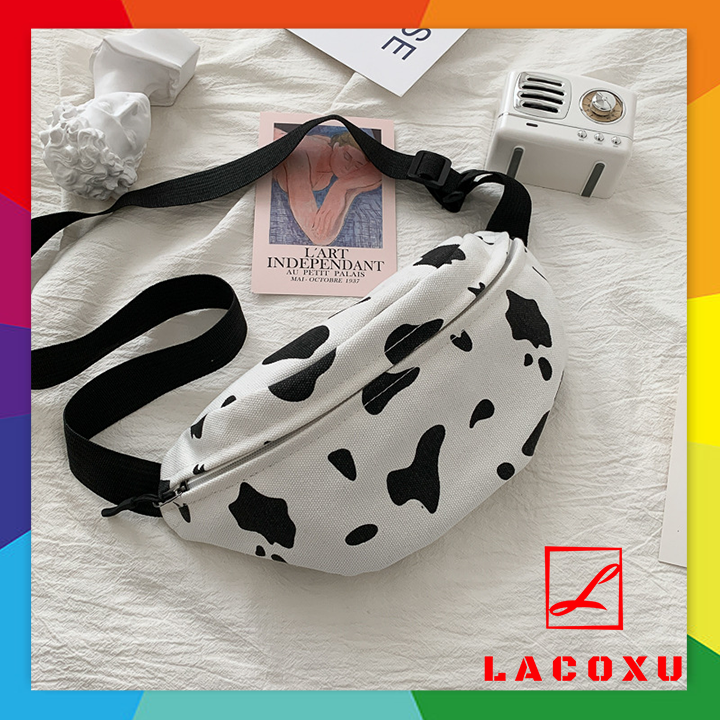 Túi Đeo Chéo Bò Sữa Vải Canvas Có Lỗ Cắm Tai Nghe Sạc Điện Thoại Tiện Dụng Thời Trang Dành Cho Nam Nữ