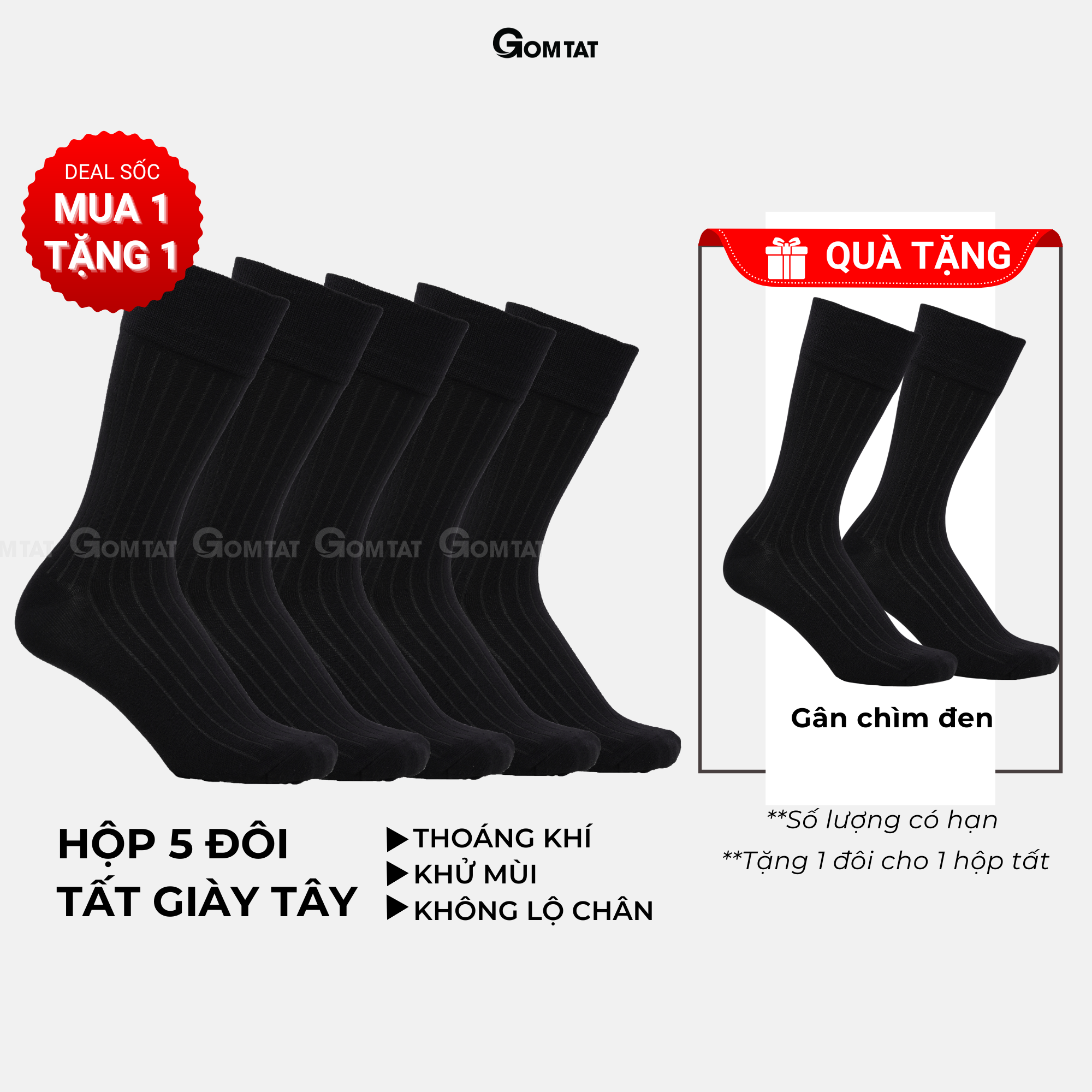 Hộp 5 đôi tất vớ nam công sở cổ cao đi giày tây GOMTAT họa tiết gân chìm màu đen, cotton cao cấp - TAYGANCHIM-DEN-CB5