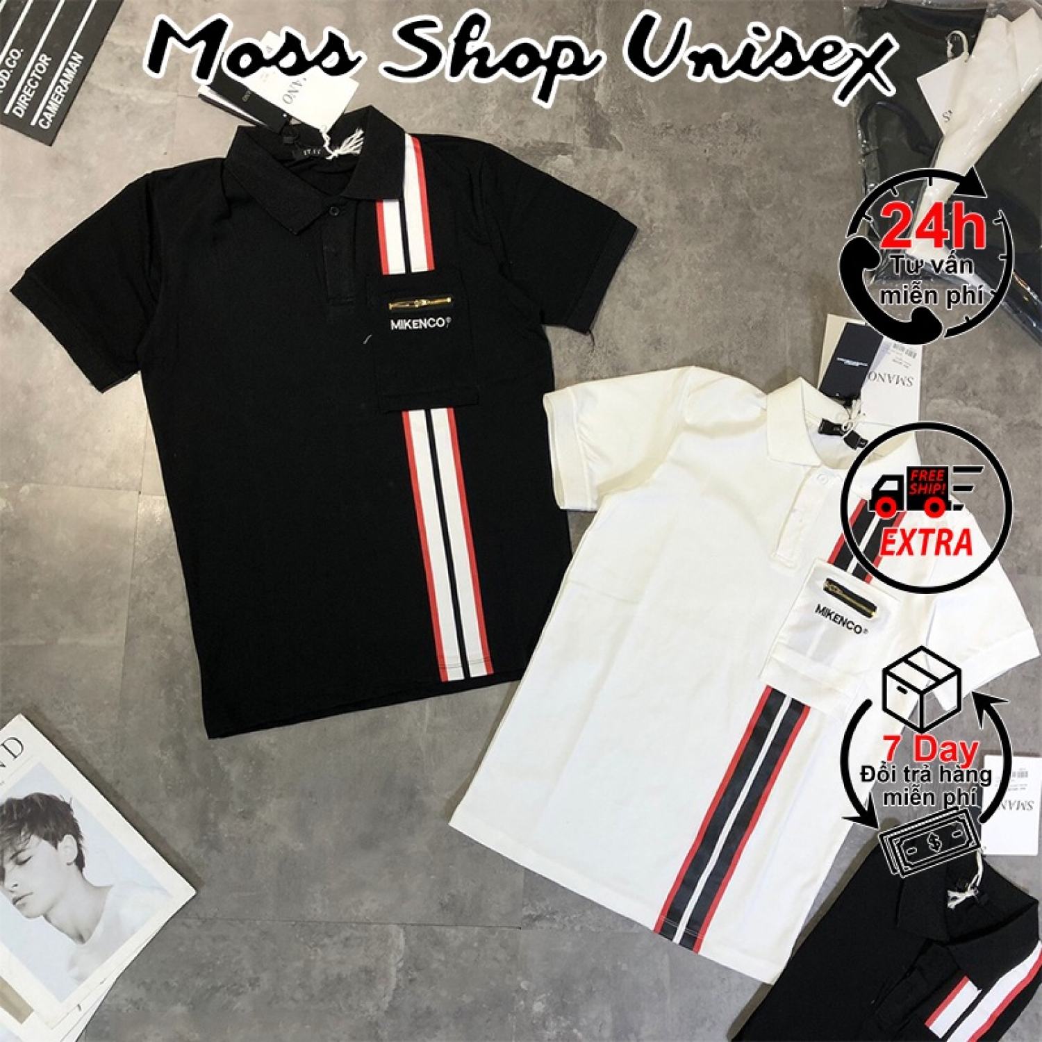 Áo polo nam nữ Mikenco chạy sọc túi khóa MOSSSHOP - Áo phông cổ bẻ unisex phong cách hàn quốc ulzzang form rộng 65kg