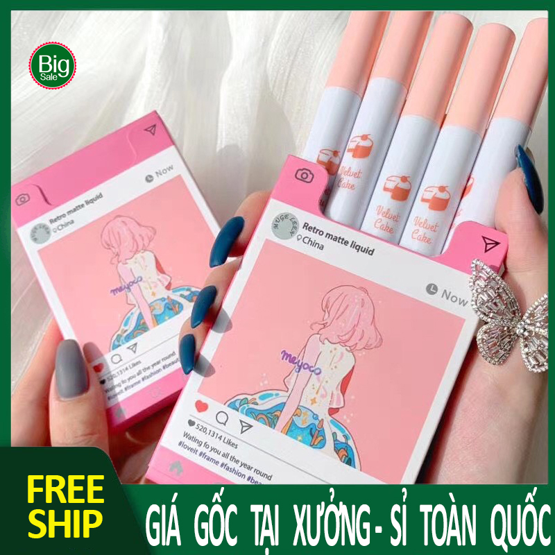 Set 5 son Mugeleen hộp cô gái son kem cổ trang siêu lì mịn đẹp cô gái Cô Gái Meyoco Retro Matte Liquid pink sm BIG SALE MART A34